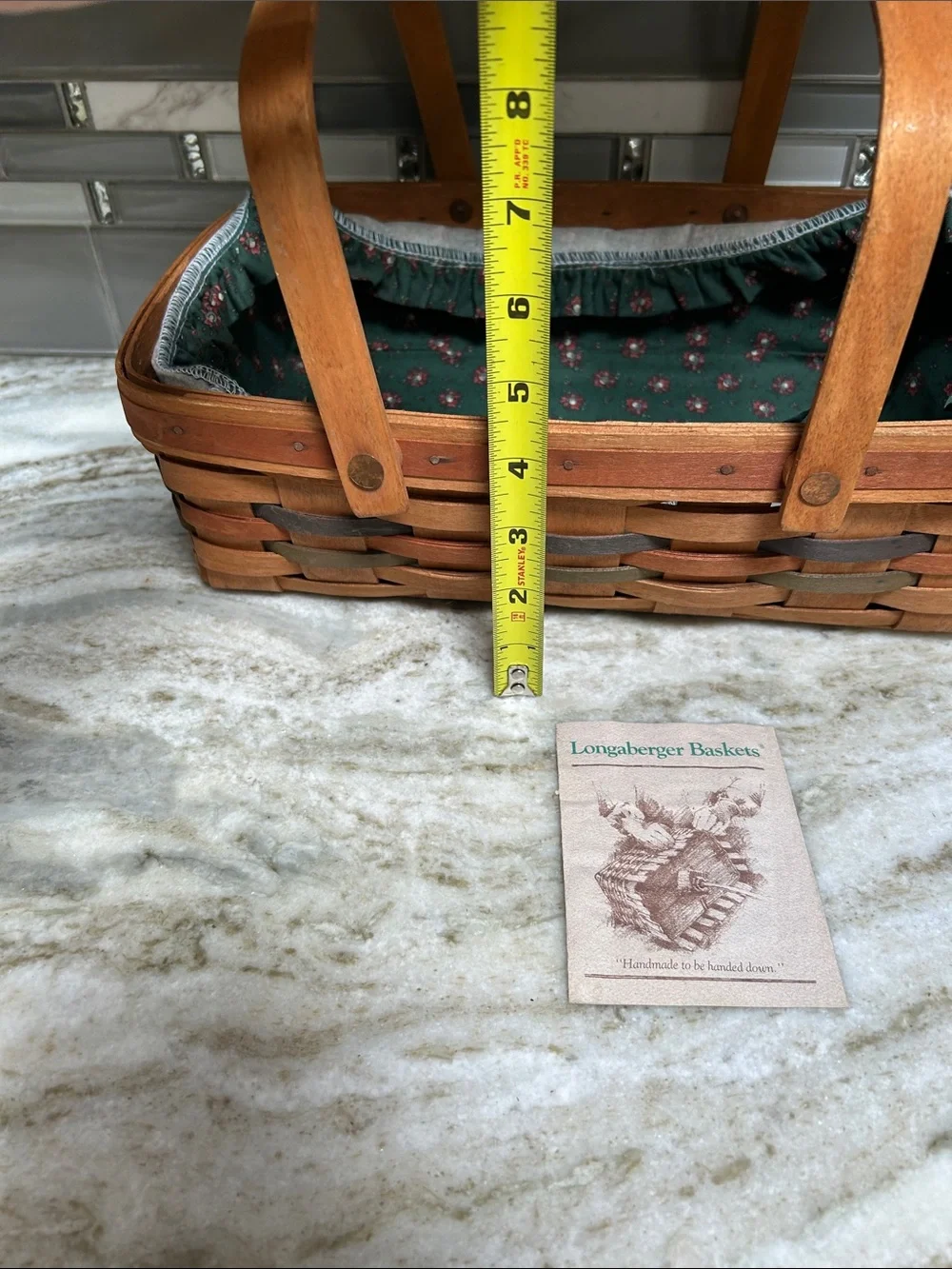 Longaberger 1997 Double Handle  Small Gathering Basket &Green Floral Lining 14”